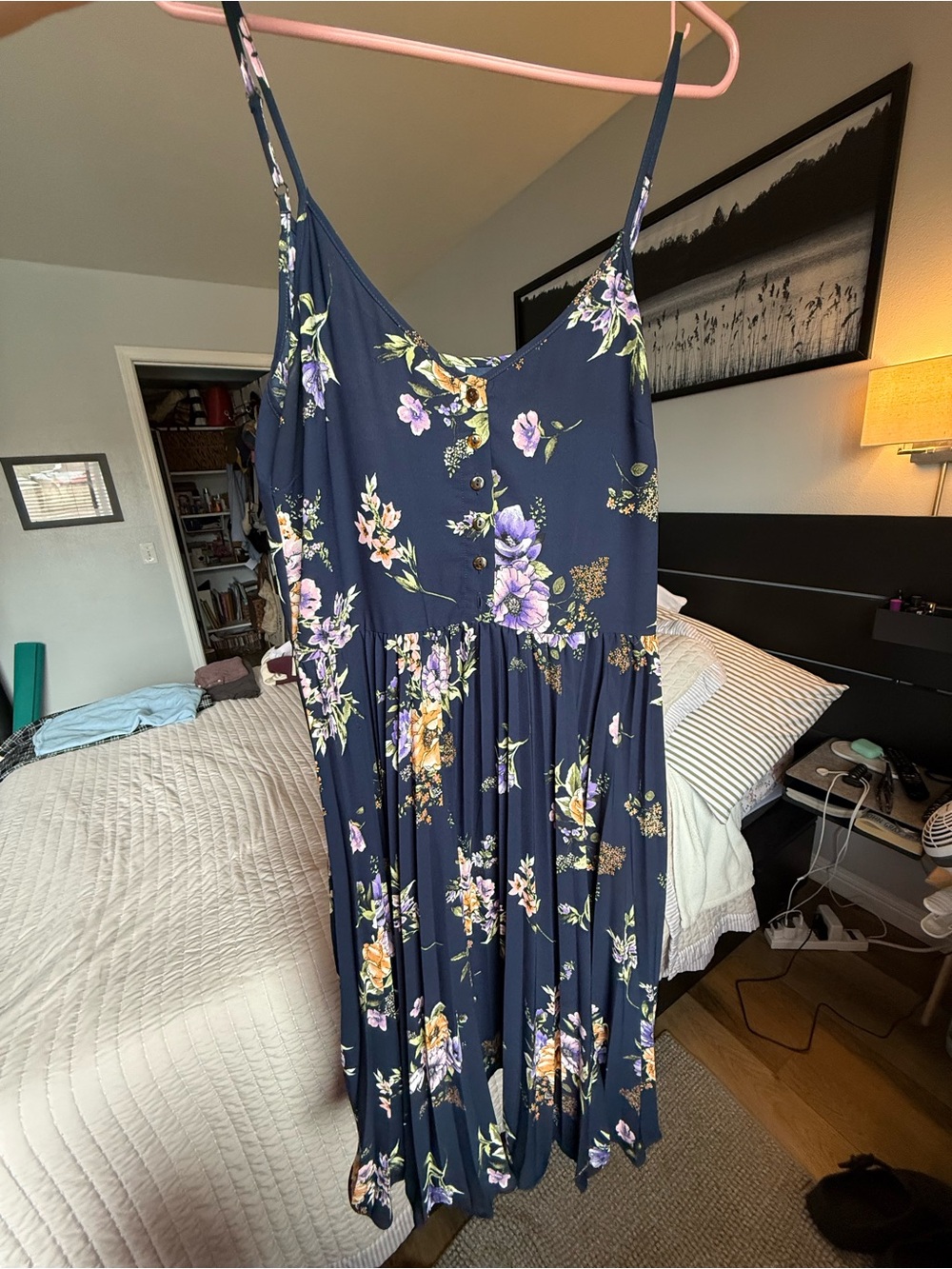 Xhilaration Navy Floral Midi Dress with Purple & Yellow Blooms
